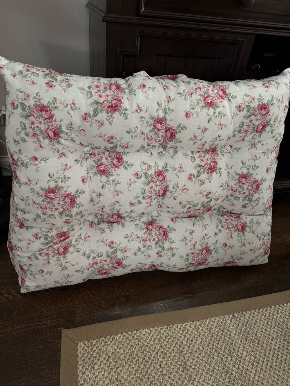 Tufted Floral Backrest Pillow - White with Pink Rose Print. Perfect for dorm